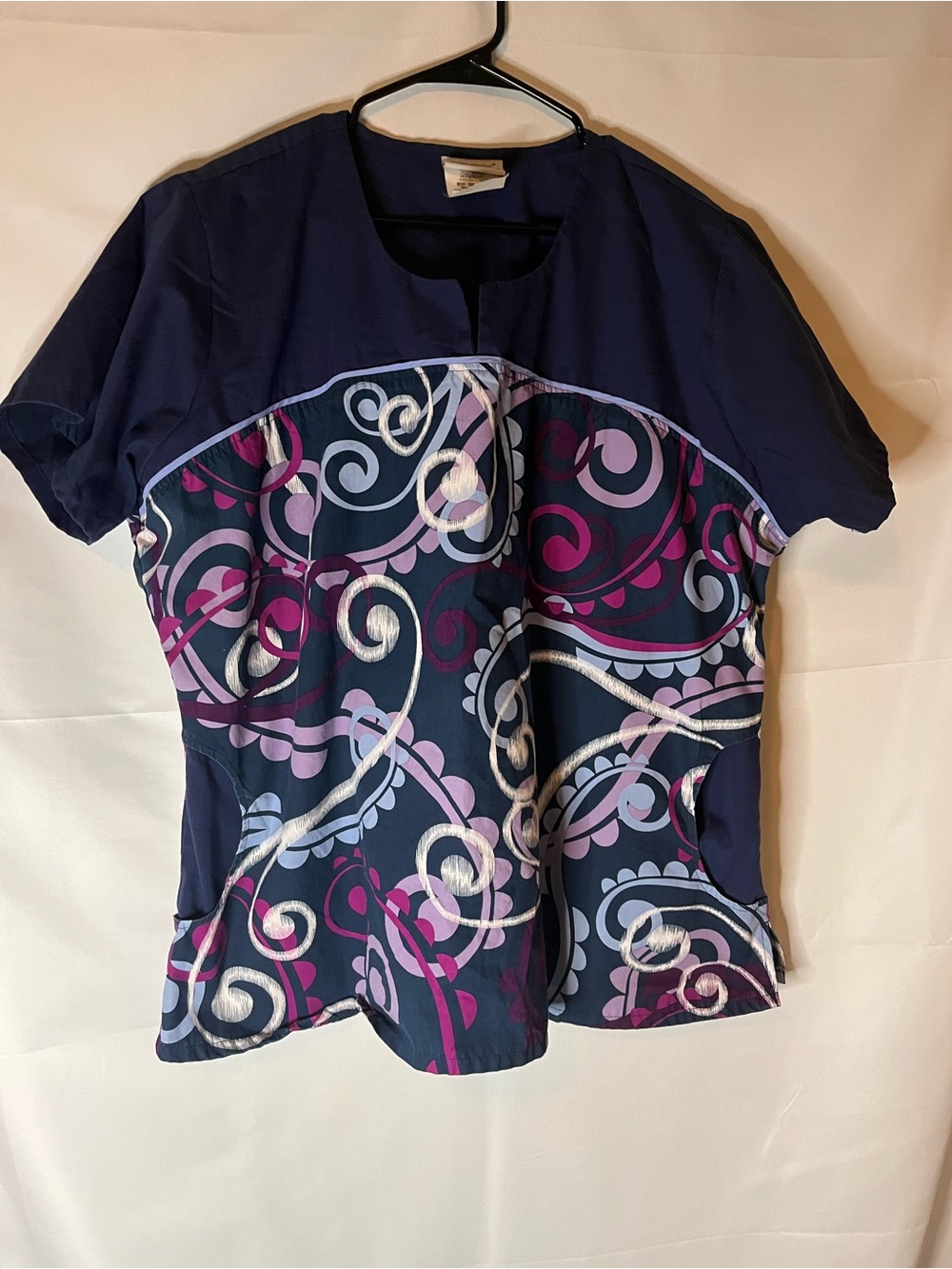 UA Scrubs Navy Top with Pink and Purple Swirl Accents